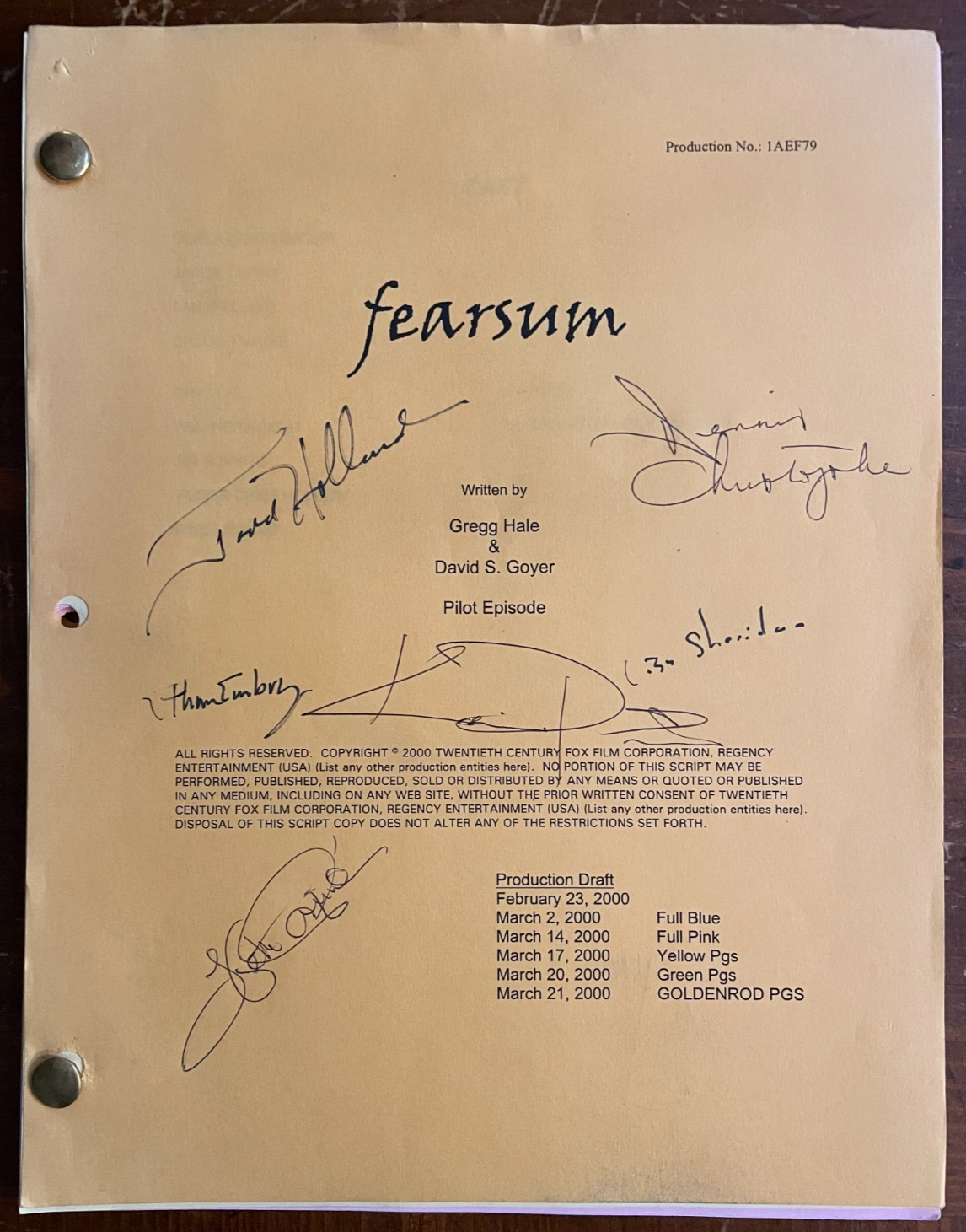 Fearsum Signed Autograph Signatures Ethan Embry, Todd Holland, Dennis C, +3
