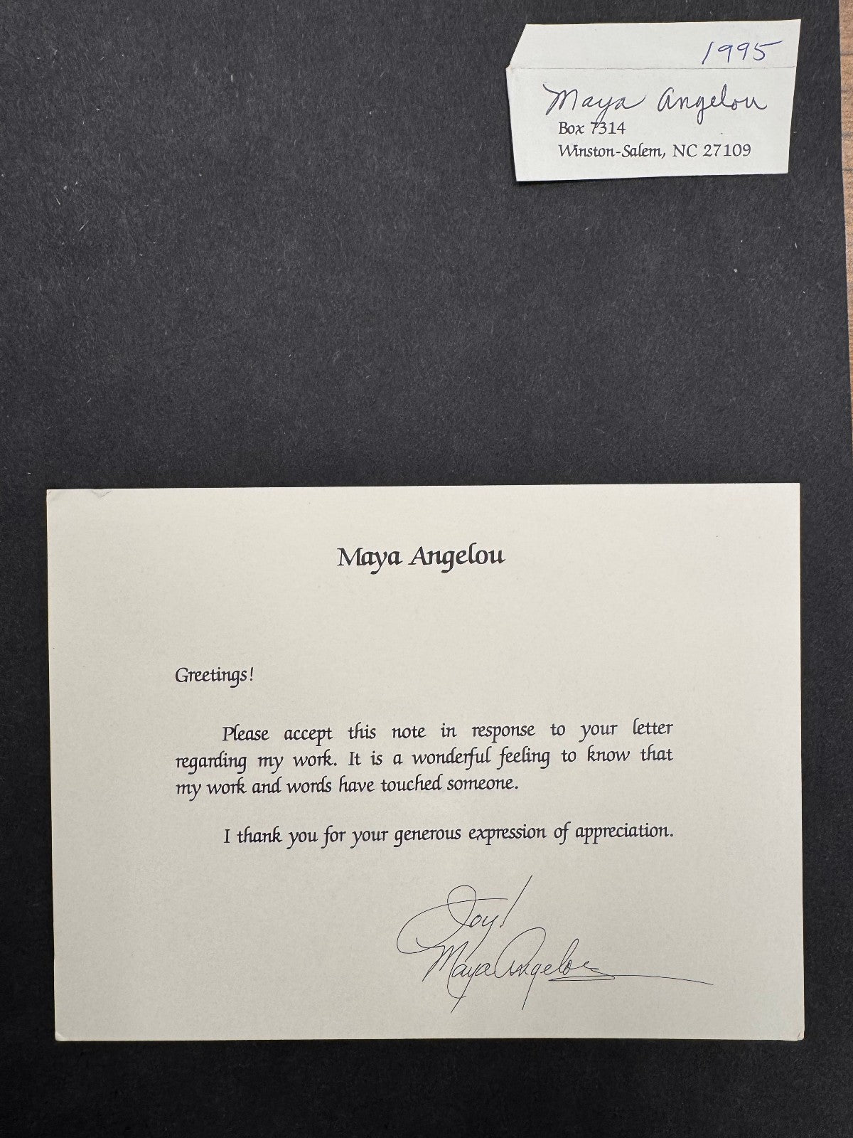 Maya Angelou Signed Autograph Signature Official Original Card Typed/Signed