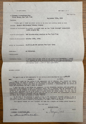 Georgie Price Signed Autograph Signature Original Tobacco Company Contract RARE