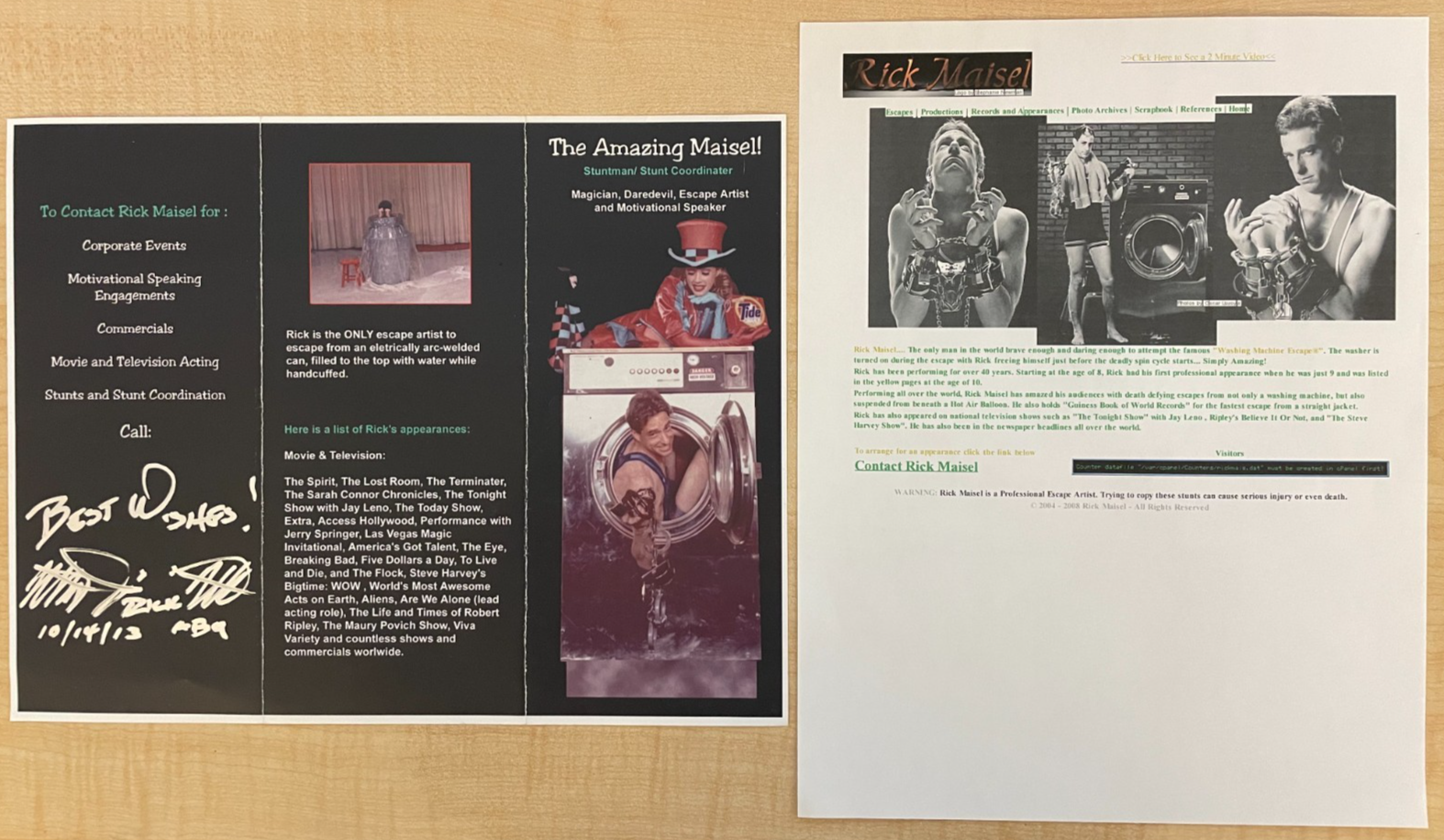 Rick Maisel Signed brochure 8.5x11 Stuntman Magician Escape Artist Legend