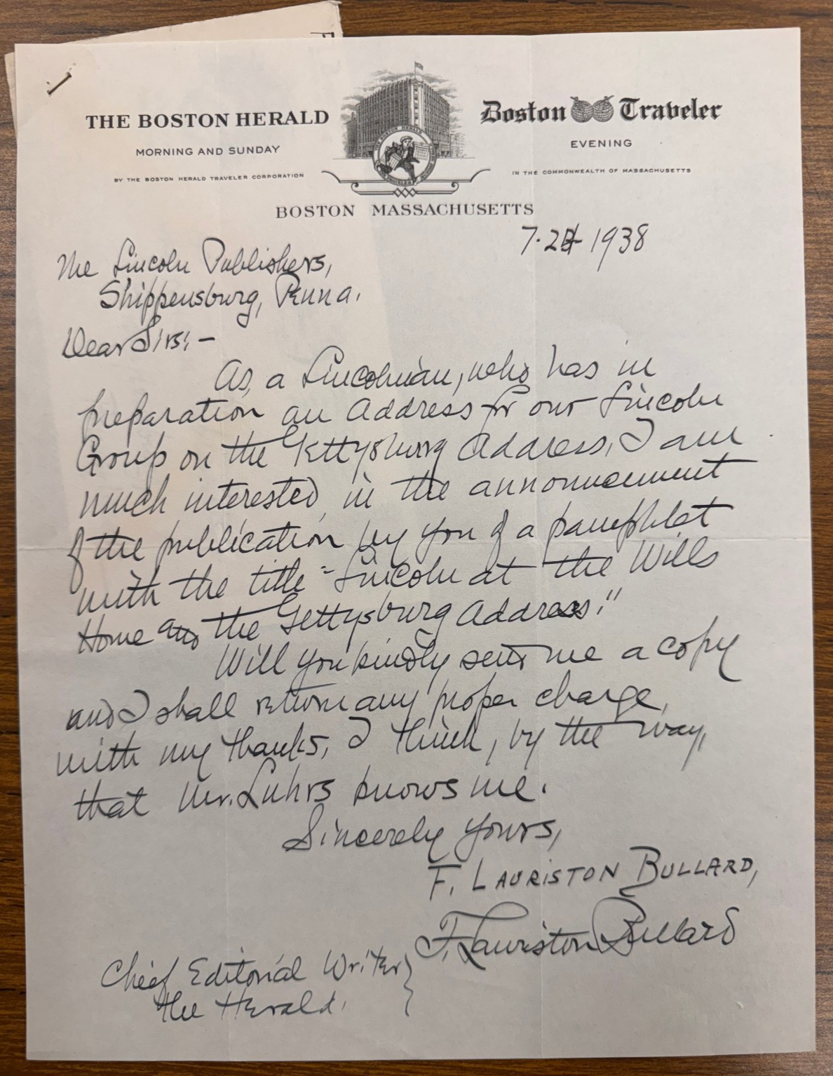 F Lauriston Bullard Signed Autograph Signature Official Boston Herald Letterhead