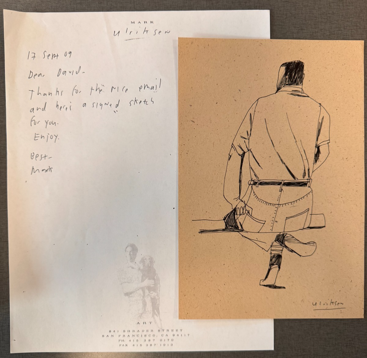 Mark Ulriksen Original Sketch w/Handwritten signed on Official Letterhead RARE