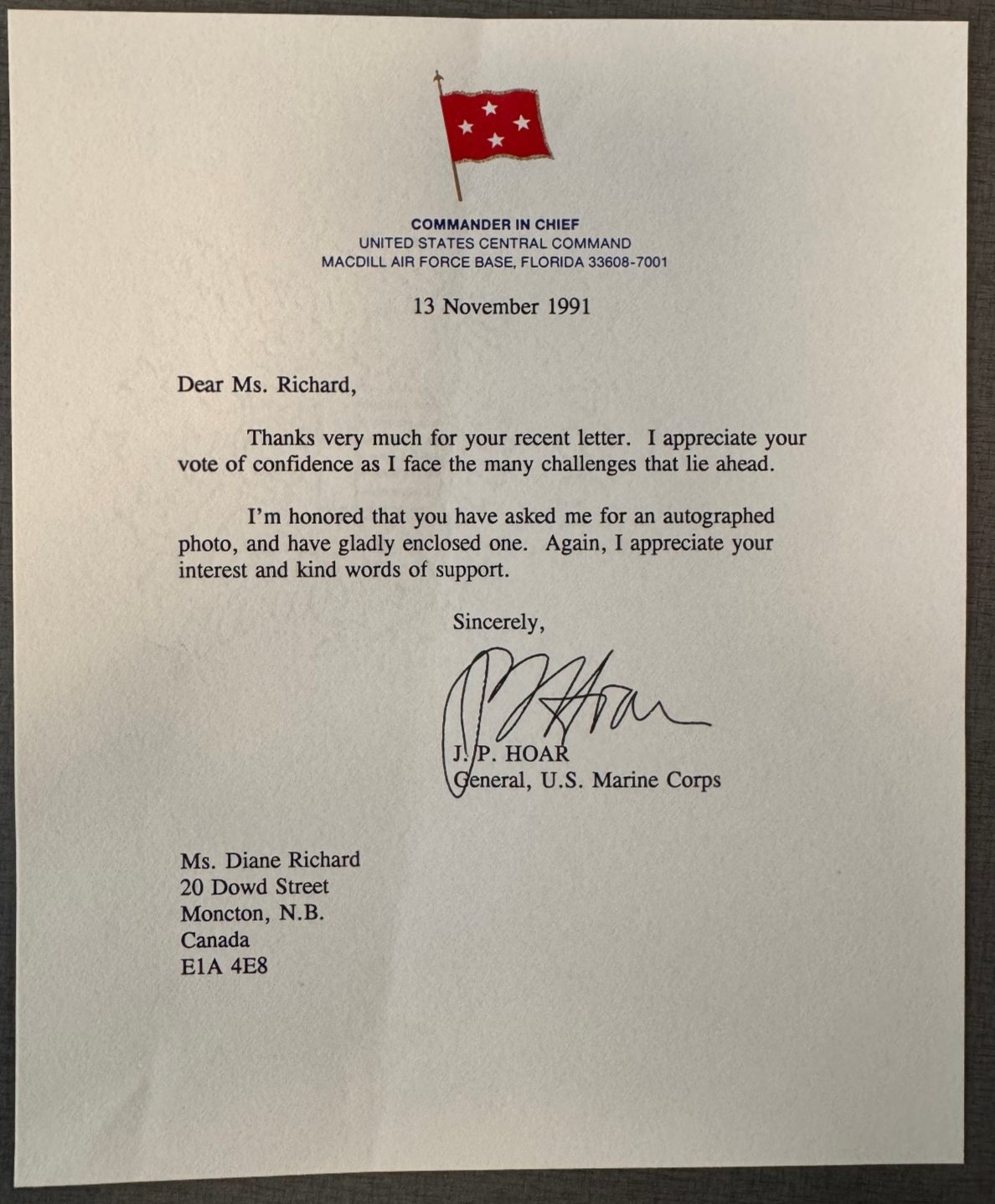 General J.P. Hoar Typed Letter Signed on Official Letterhead Commander in Chief