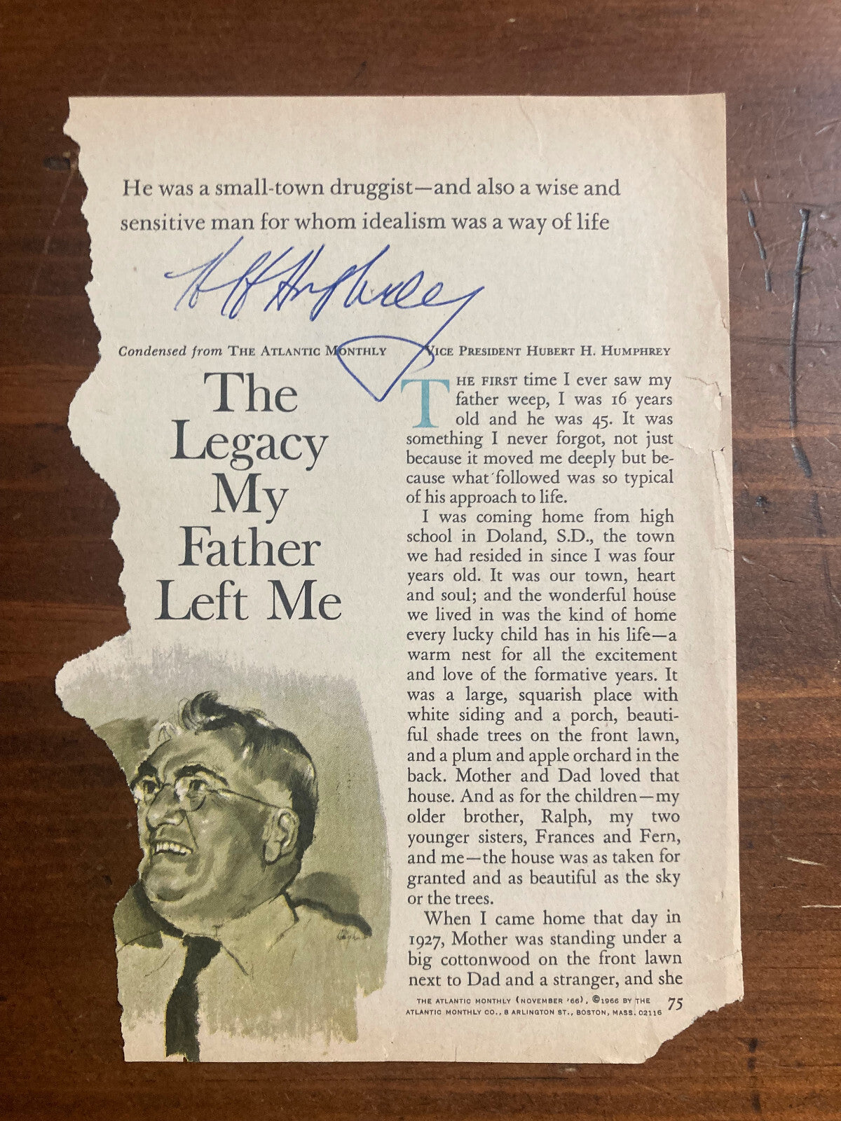 Hubert Humphrey Signed Autograph Signature 7.5x5 torn page from a vintage book
