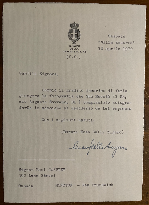 Barone Enzo Galli Zugaro Signed Vintage typed Letter from 1970