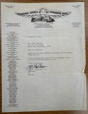 Rolf K McPherson Signed Autograph Signature Official Foursquare Church Letterhed