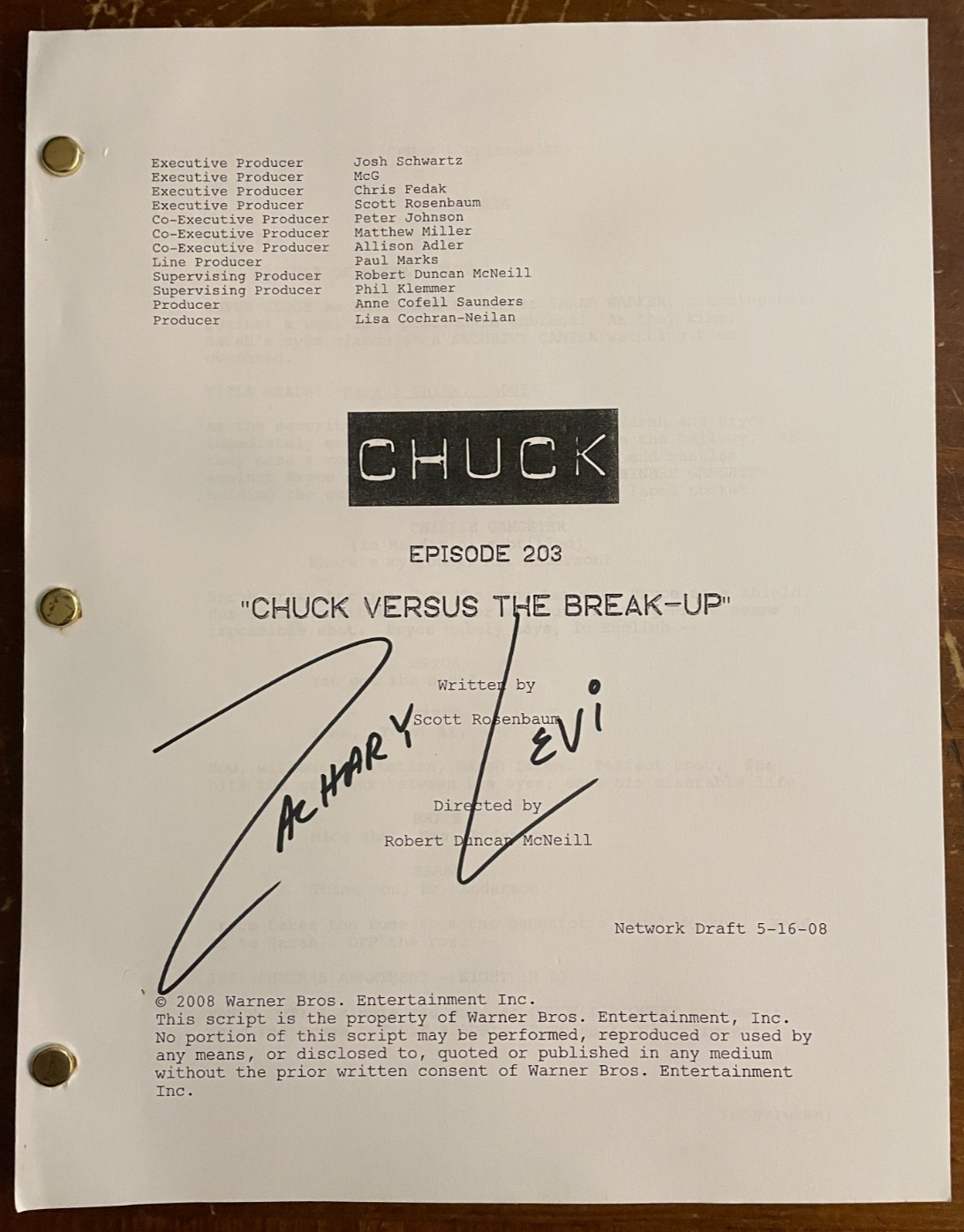 Zachary Levi Signed Autograph Signature Chuck Ep #203 Original Series Screenplay