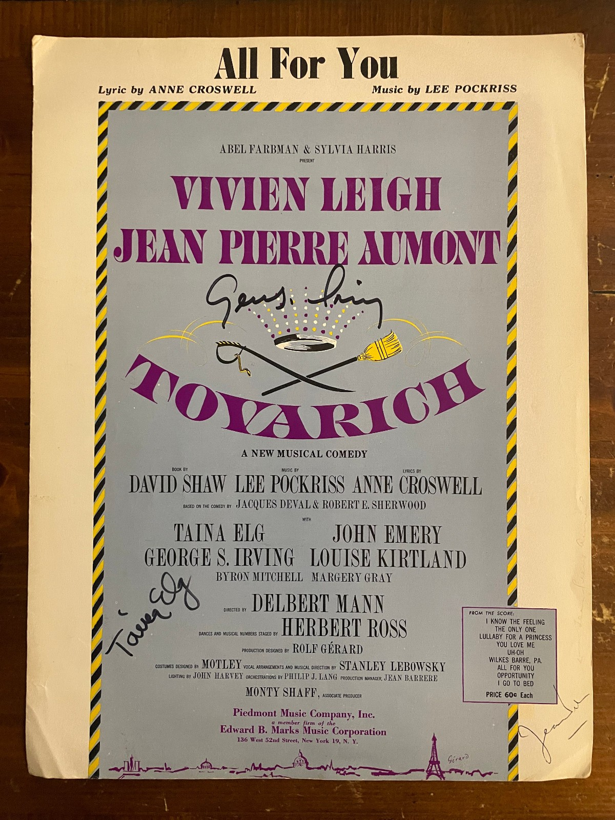Jean Pierre Aumont George Irving Taina Elg Autograph Signature Vintage Music