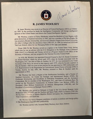 R James Woolsey Signed Autograph Signature Intellegence Agency Background Page