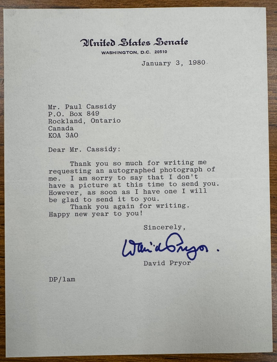 David Pryor Signed Autograph Signature Official US Senate Letterhead 1980