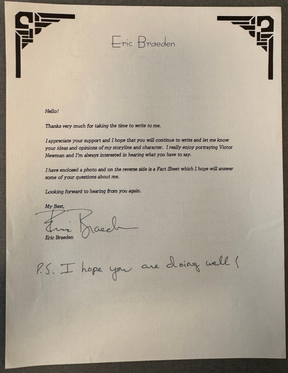 Eric Braeden Typed Letter Signed on Personal Letterhead ?oung and the Restless