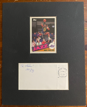 Karl Malone Signed The Mailman Utah Jazz dated cut envelope Matte Framed +Card
