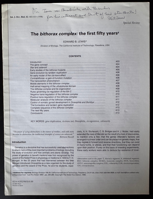 Edward Lewis Nobel Prize Signed Bithorax Complex Original Special Review Article