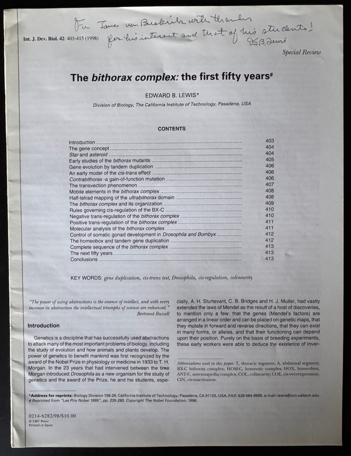 Edward Lewis Nobel Prize Signed Bithorax Complex Original Special Review Article