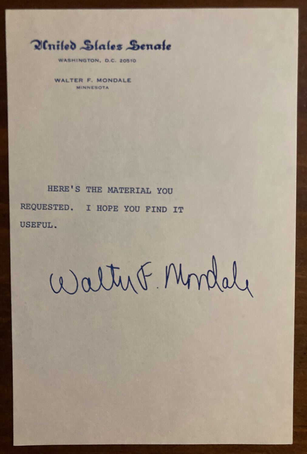 Walter Mondale Signed Autograph Signature 5.25x8 Official US Senate Letterhead