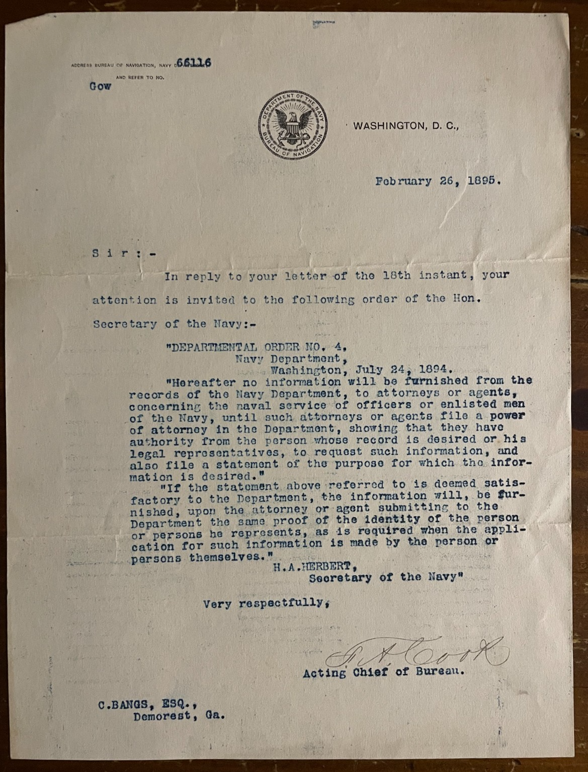 Francis Asbury Cook Signed Vintage typed Letter from 1895 Legal Discussion RARE