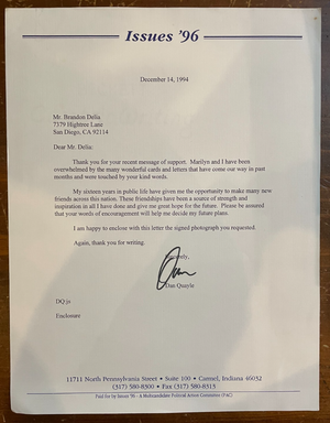 Dan Quayle Signed Autograph Signature Typed Letter Rare Former Vice President