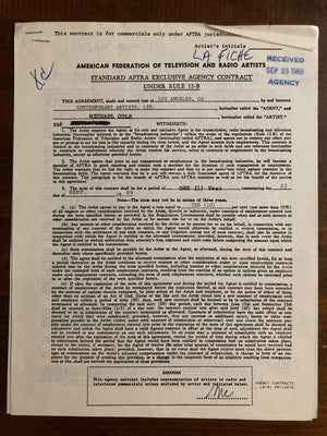 Michael Cole Signed Autograph Signature 2 page 8.5x11 Agency Contract Mod Squad