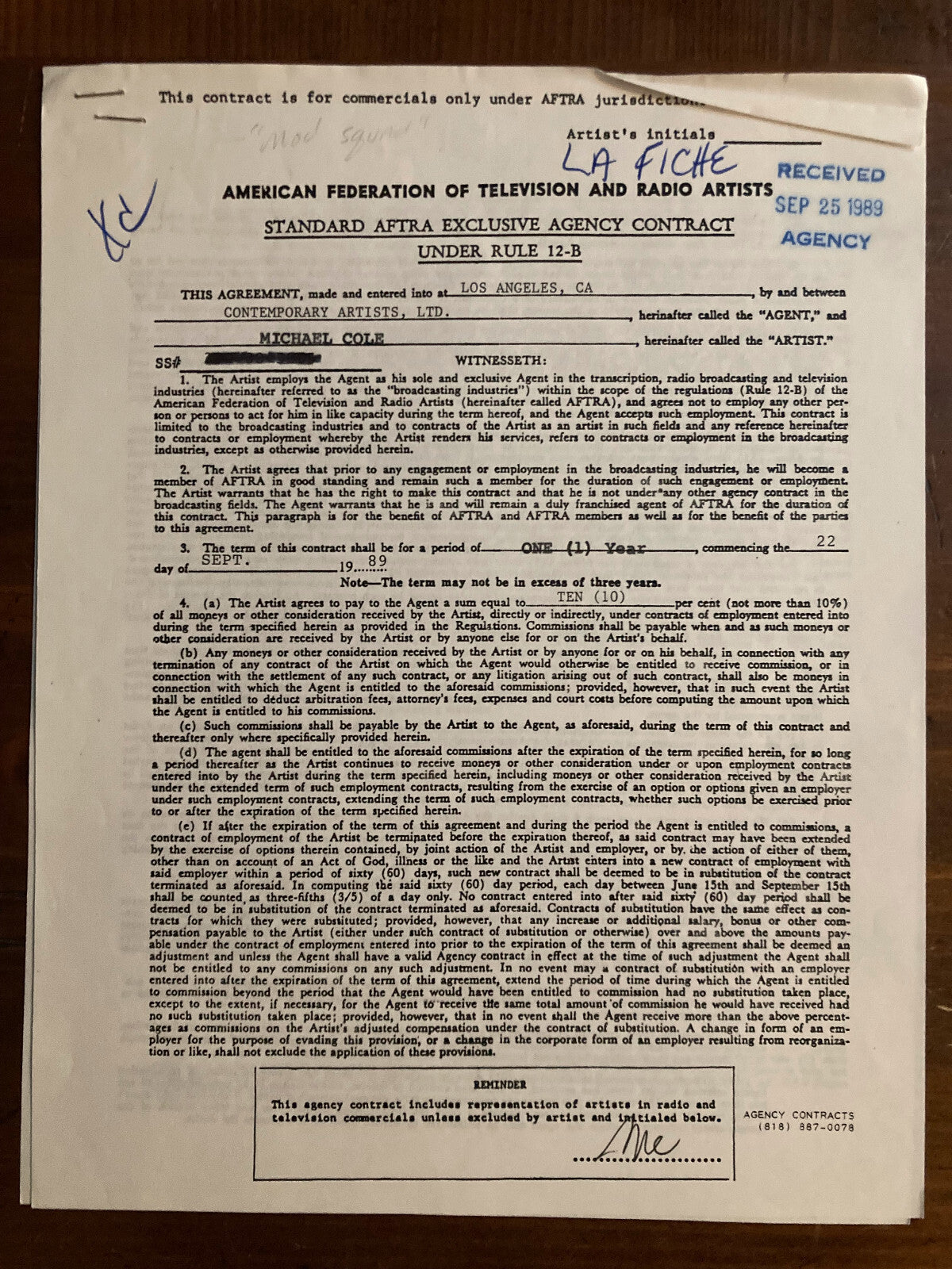 Michael Cole Signed Autograph Signature 2 page 8.5x11 Agency Contract Mod Squad