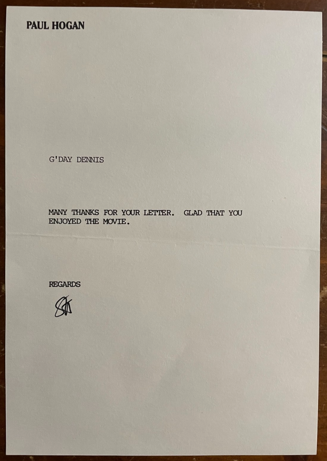 Paul Hogan Signed Initials Signature 5.75x8.25 Official Stationary Typed Letter