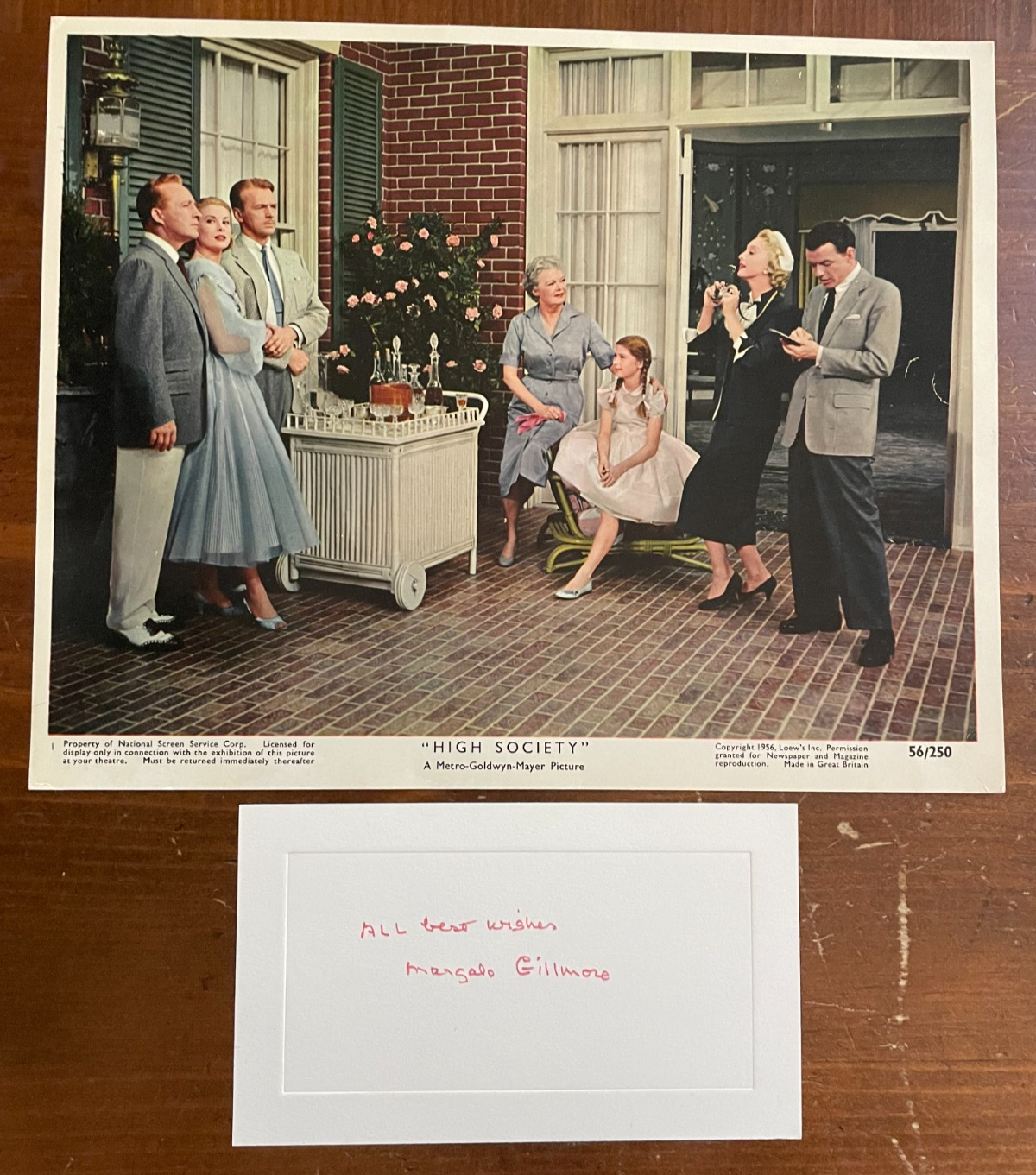 Margalo Gillmore SIGNED 6x3.5 thick card with Vintage High Society Photograph