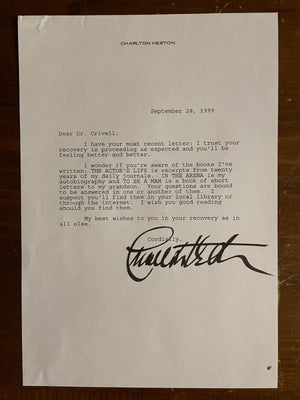 Charlton Heston Signed Autograph Signature personal letter wishing for recovery