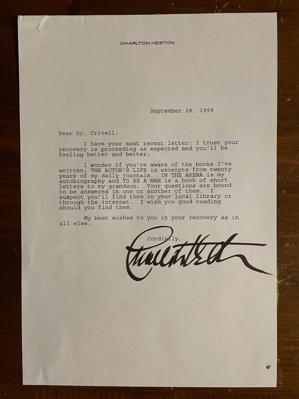 Charlton Heston Signed Autograph Signature personal letter wishing for recovery