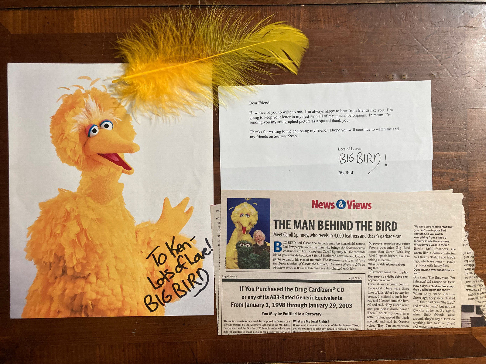 Big Bird Signed Autograph 8x10 Color Photograph + Signed Letter Caroll Spinney