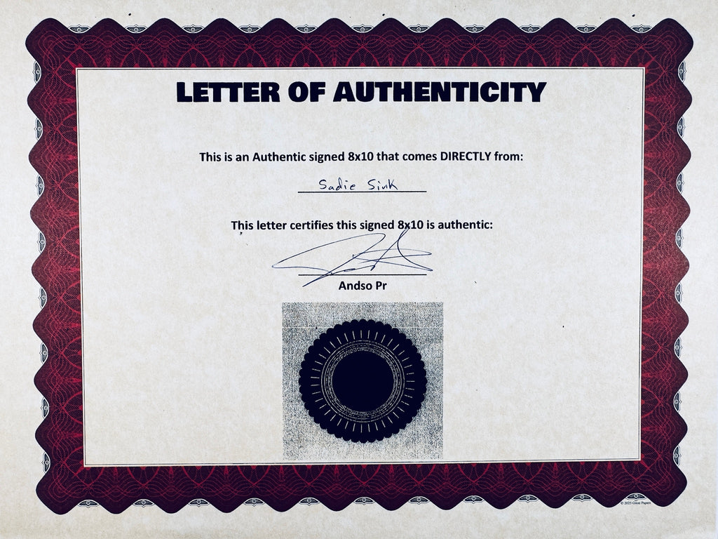A Letter of Authenticity with a decorative red-patterned border, certifying an authentic signed 8x10 coming directly from Sadie Sink, featuring a dark circular seal graphic at the bottom.
