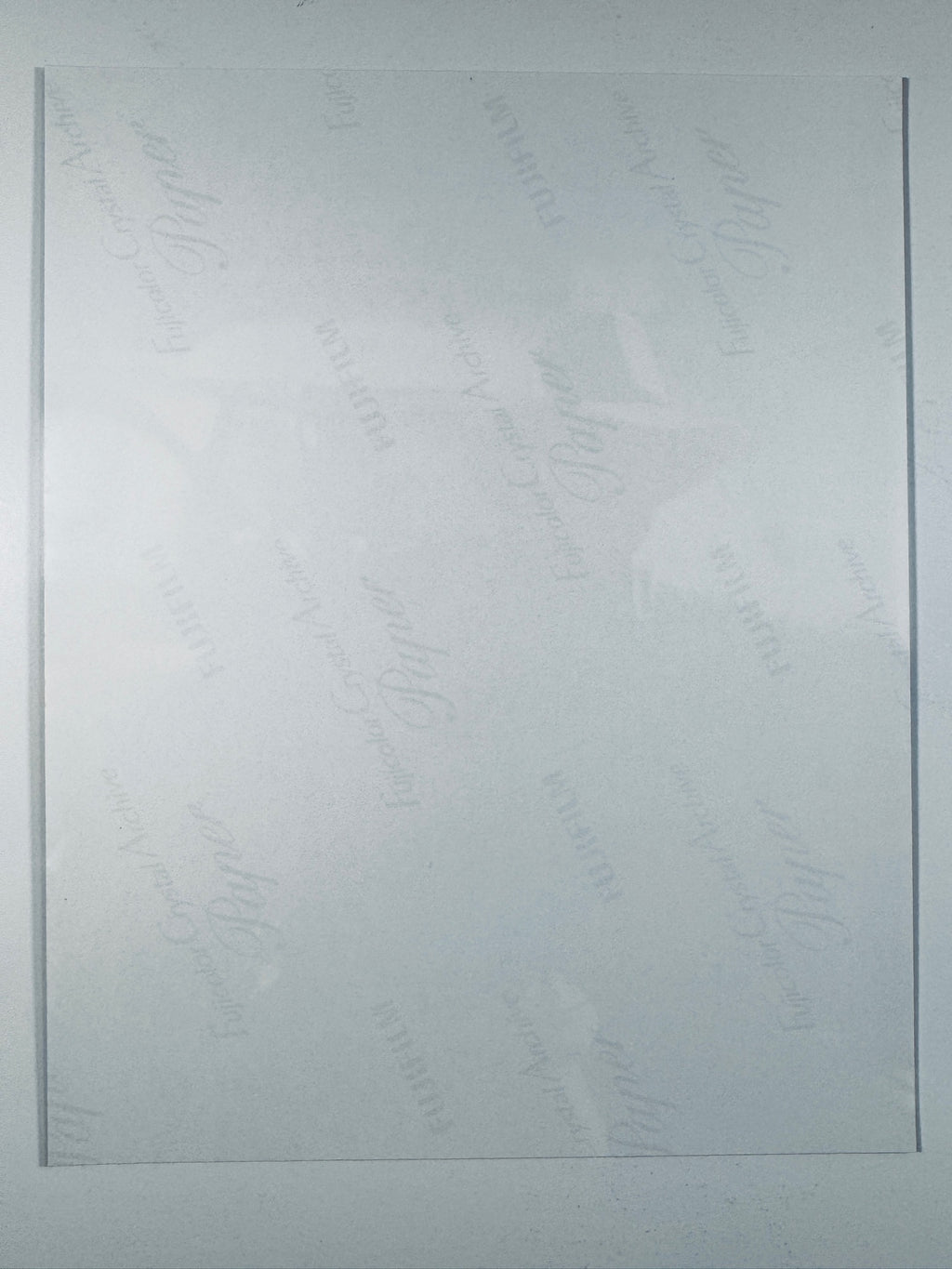 The plain white reverse side of a photographic print showing translucent Fujicolor Crystal Archive Paper watermarks and logos.