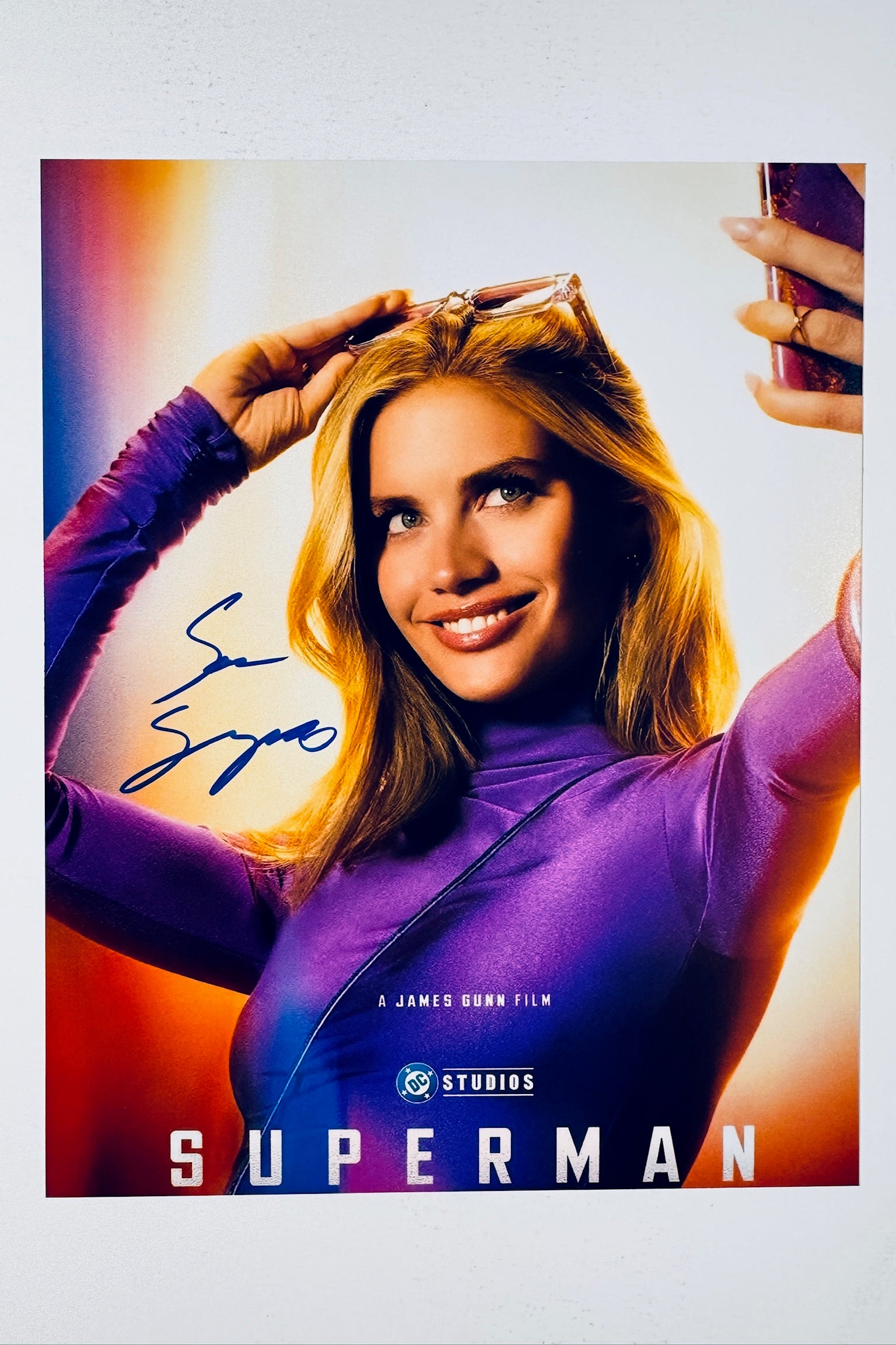 Sara Sampaio hand-signed 8x10 matte photo featuring Eve Teschmacher taking a selfie from the DC Studios Superman film directed by James Gunn.