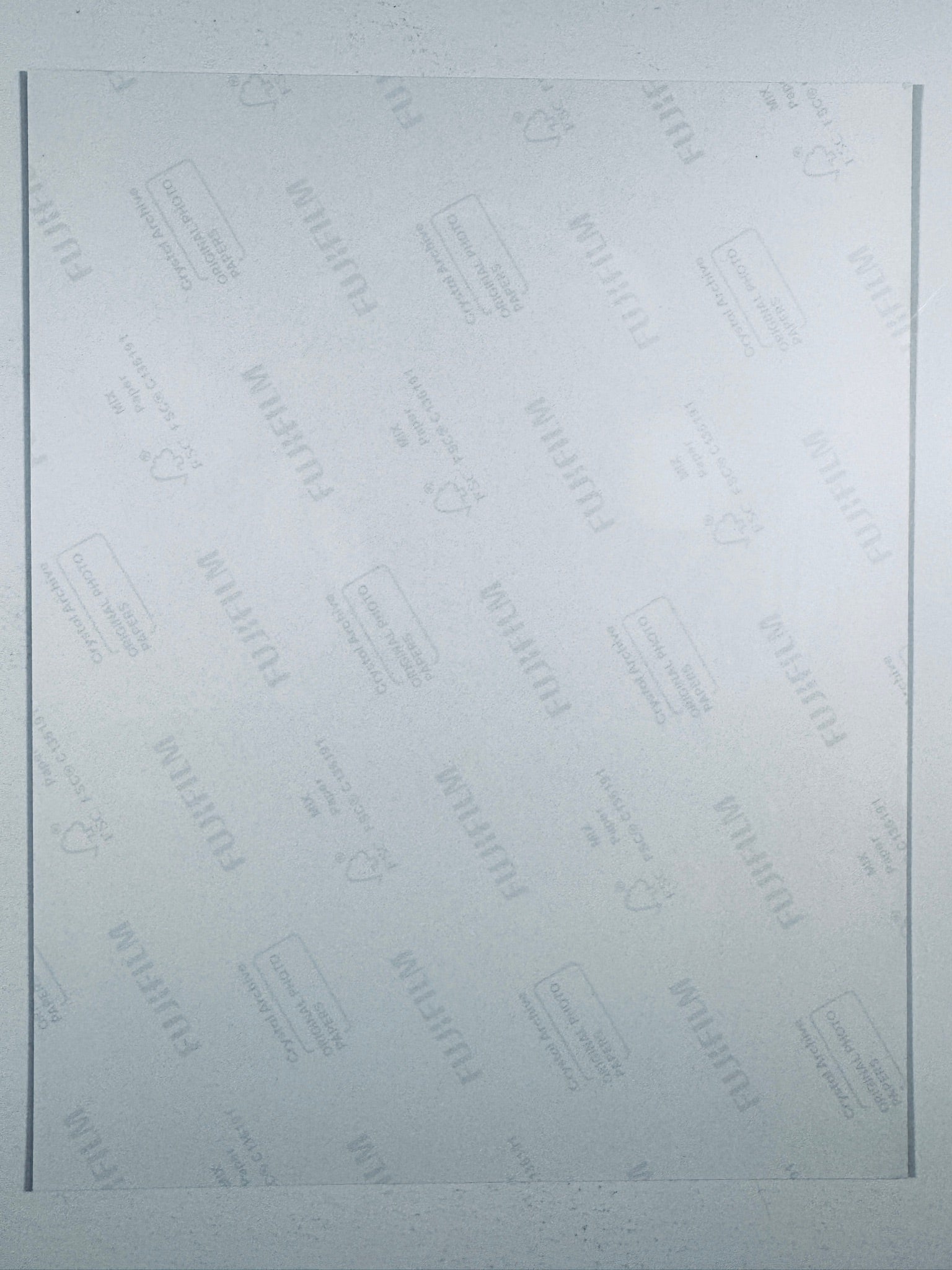 The plain white reverse side representing the back physical condition of the photograph print, showing translucent Fujifilm crystal archive paper watermarks and logos.