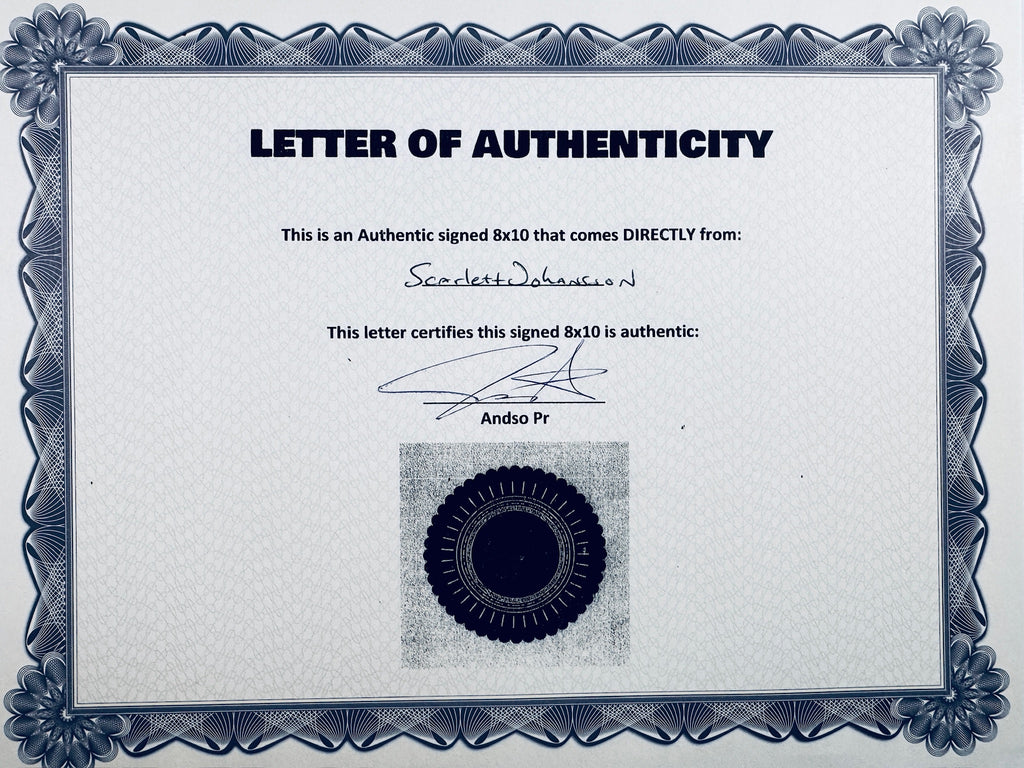 A Letter of Authenticity with a decorative blue-patterned border, certifying an authentic signed 8x10 coming directly from Scarlett Johansson, featuring a dark circular seal graphic at the bottom.