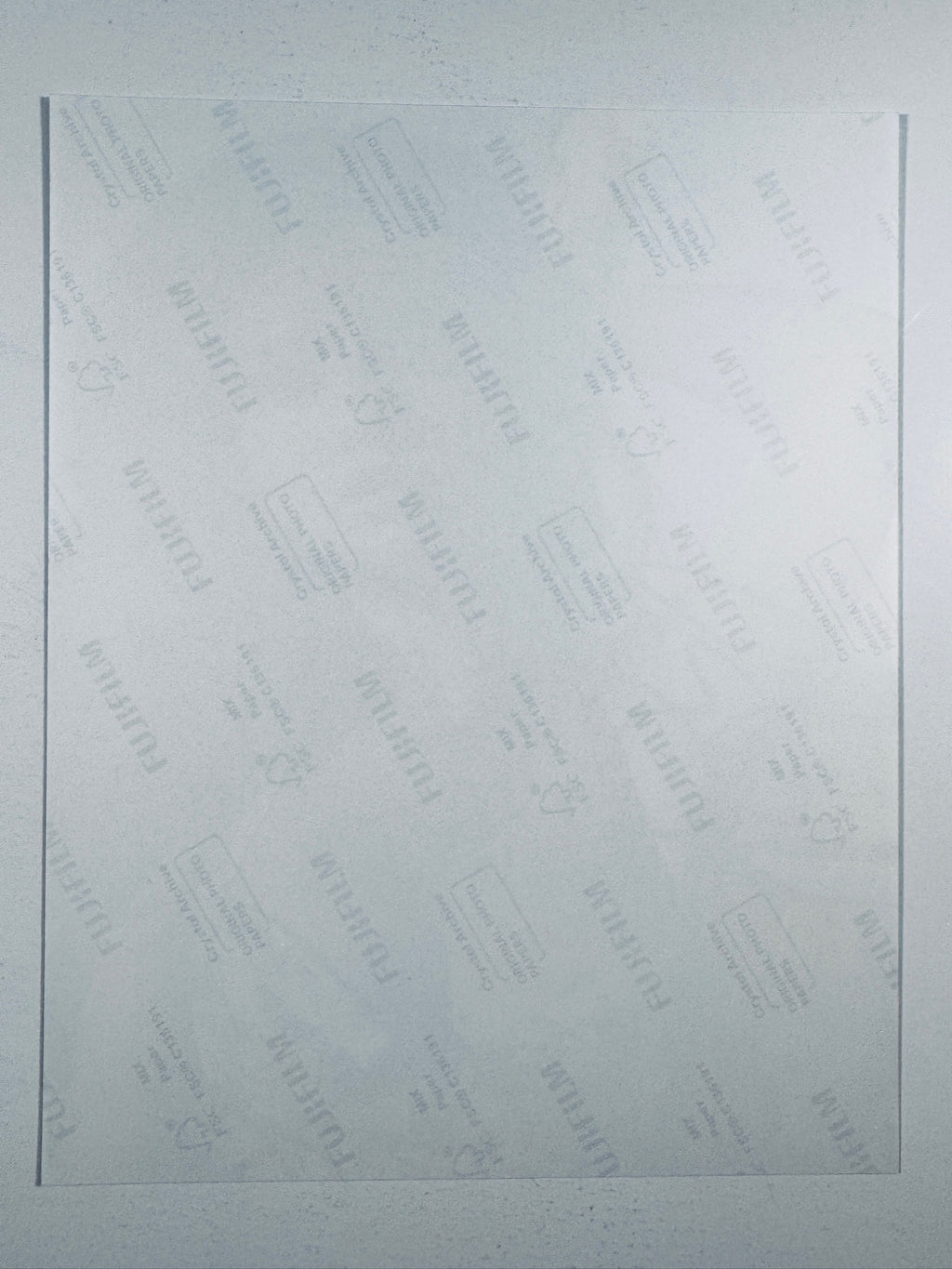 The plain white reverse side representing the back physical condition of the photograph print, showing translucent Fujifilm crystal archive paper watermarks and logos.