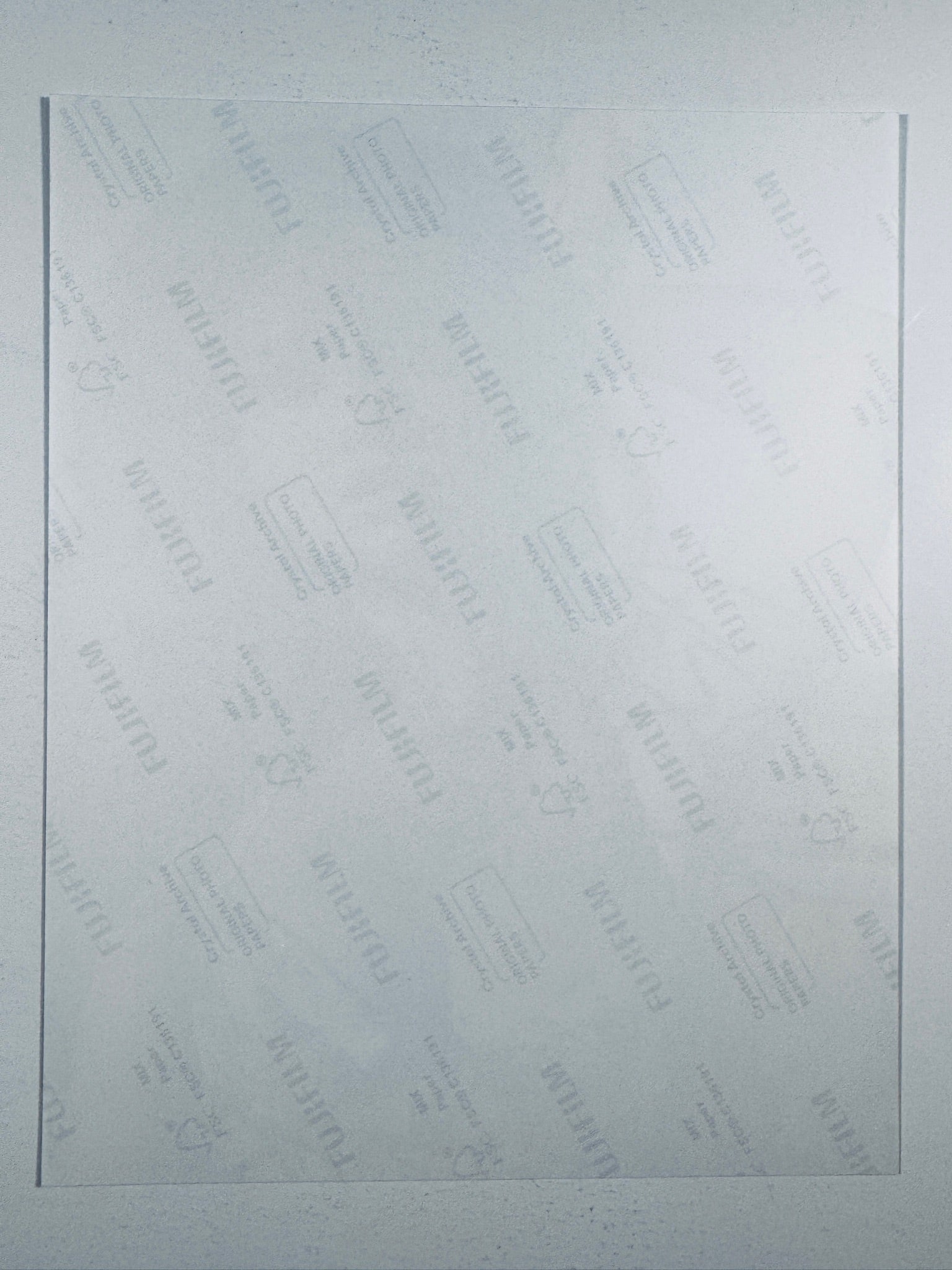 The plain white reverse side representing the back physical condition of the photograph print, showing translucent Fujifilm crystal archive paper watermarks and logos.