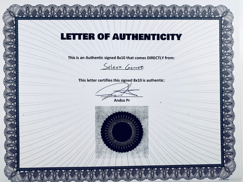 A Letter of Authenticity with a decorative blue-patterned border, certifying an authentic signed 8x10 coming directly from Selena Gomez, featuring a dark circular seal graphic at the bottom.