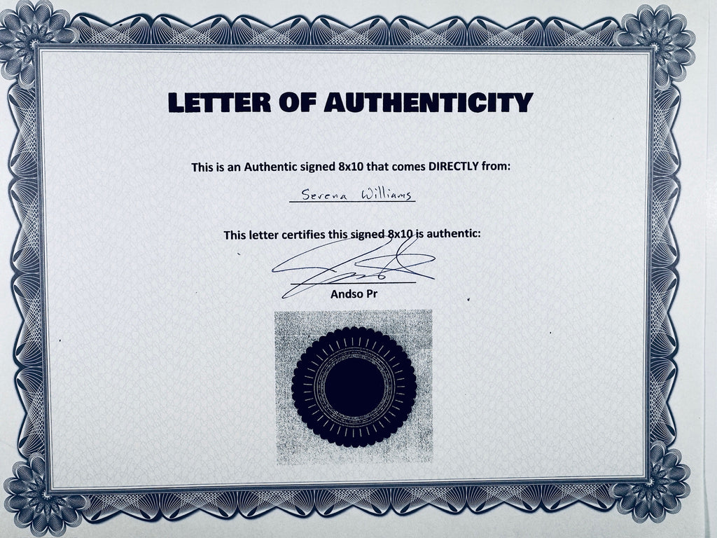 A Letter of Authenticity with a decorative blue-patterned border, certifying an authentic signed 8x10 coming directly from Serena Williams, featuring a dark circular seal graphic at the bottom.