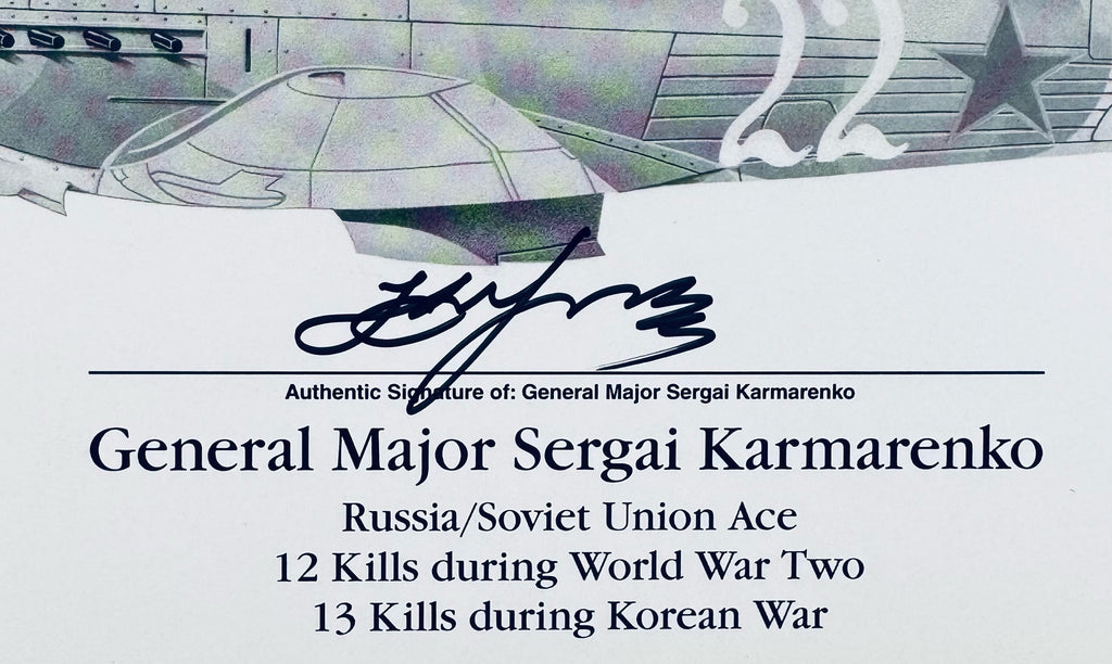 Closeup of Sergei Kramarenko autograph on WWII ace fighter pilot signed 10x8 photo