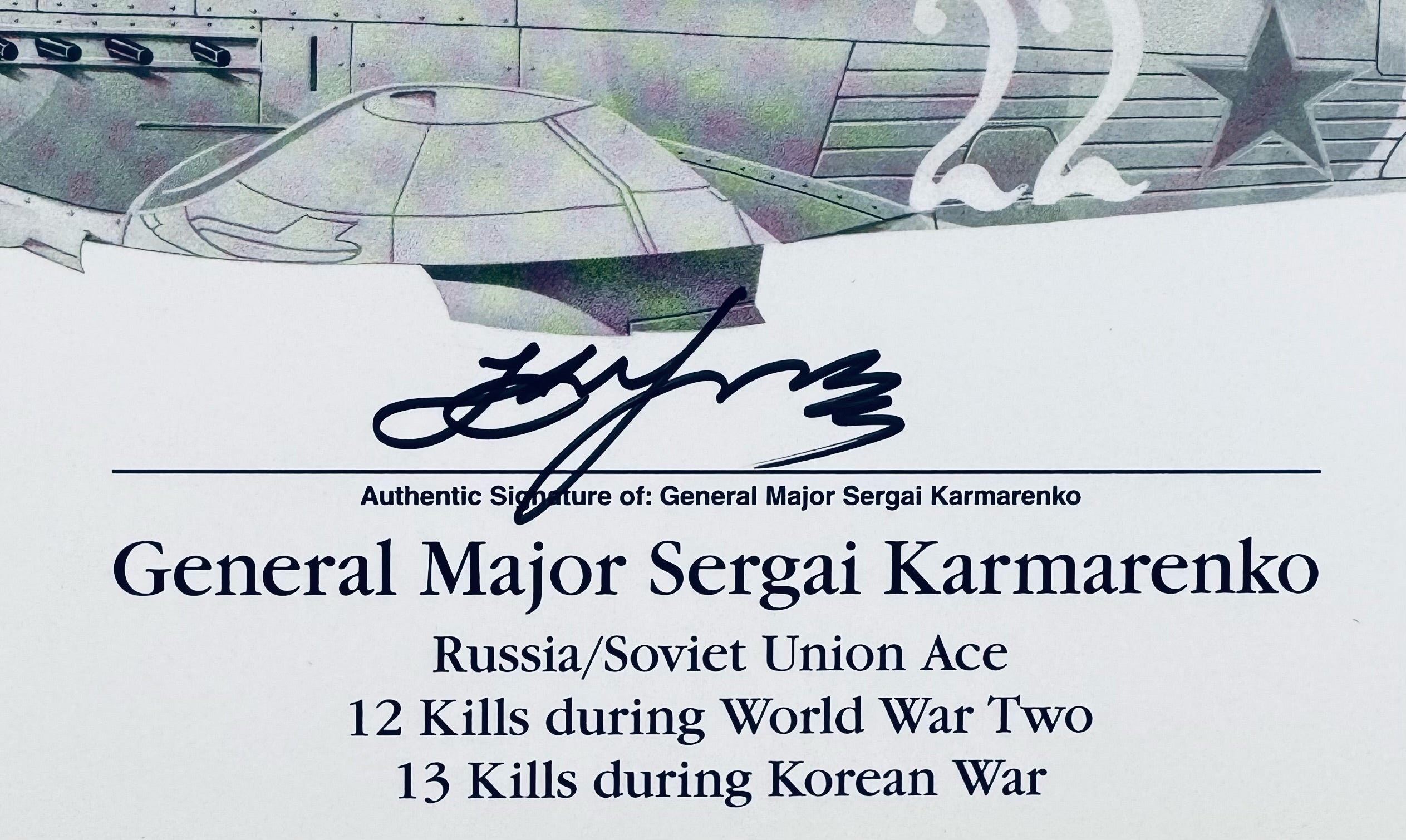 Closeup of Sergei Kramarenko autograph on WWII ace fighter pilot signed 10x8 photo