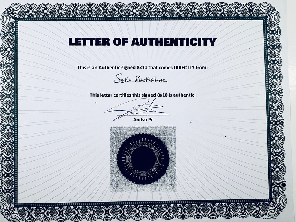 A Letter of Authenticity with a decorative blue-patterned border, certifying an authentic signed 8x10 coming directly from Seth MacFarlane, featuring a dark circular seal graphic at the bottom.