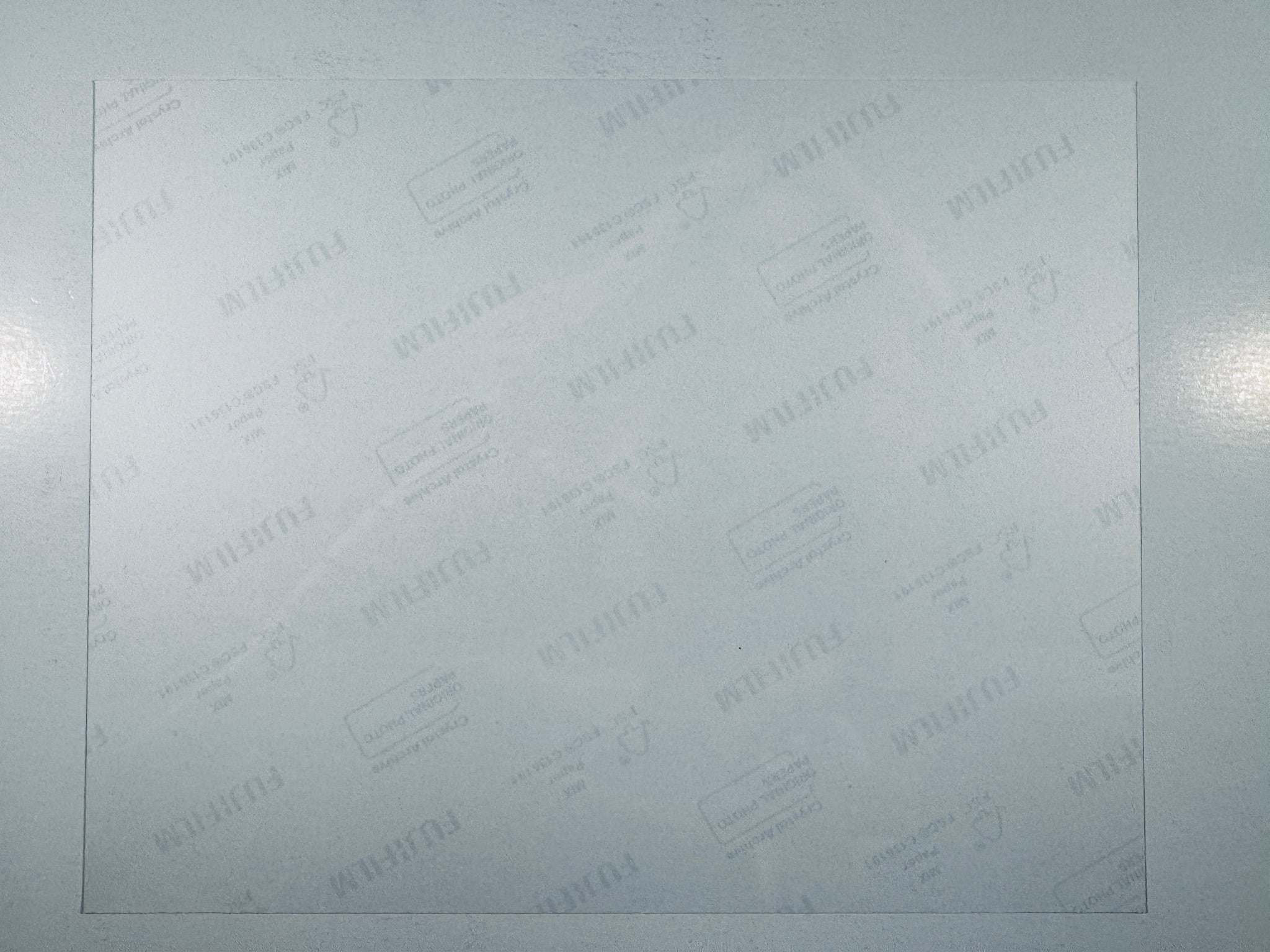 The plain white reverse side representing the back physical condition of the photograph print, showing translucent Fujifilm crystal archive paper watermarks and logos.