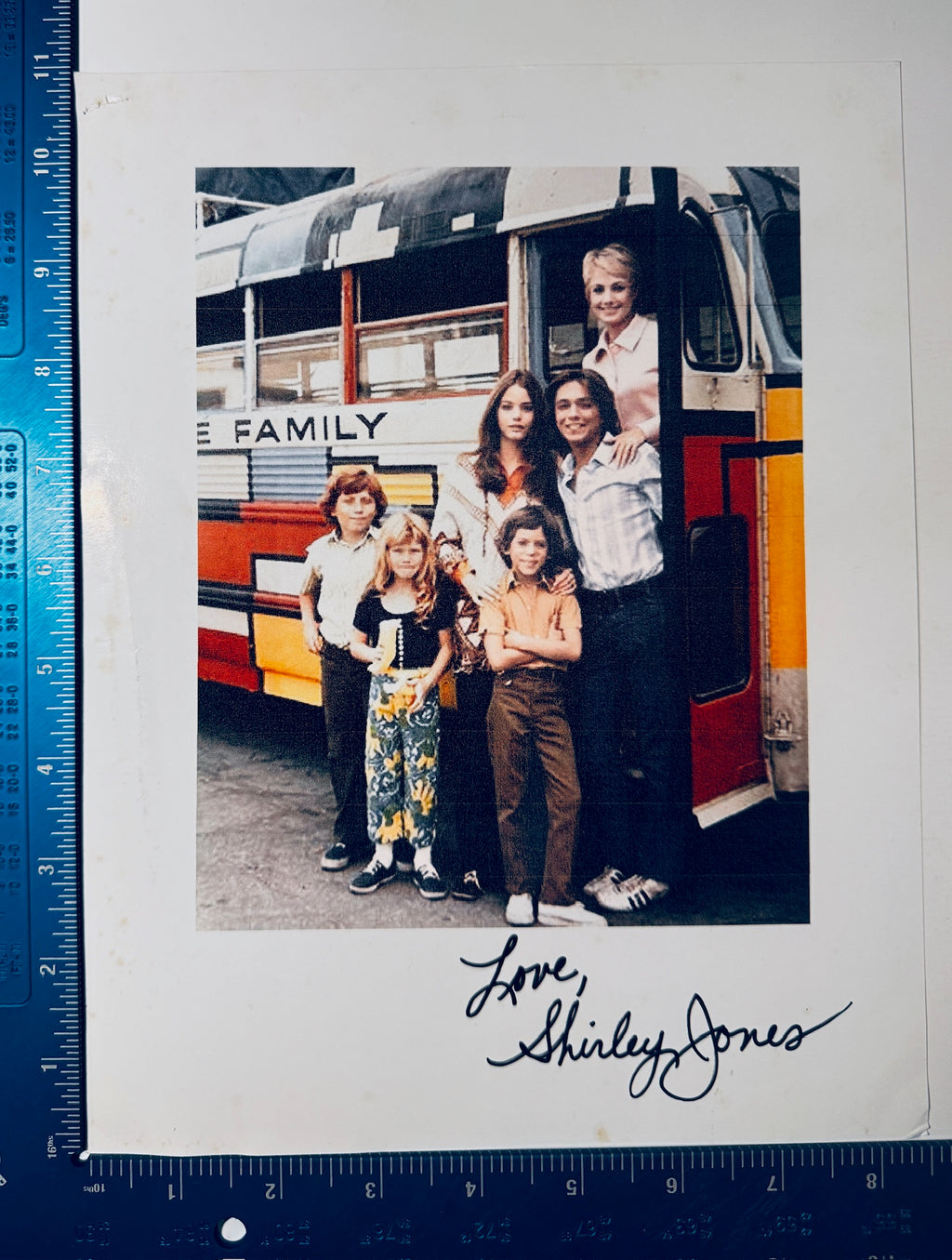 Full view of autographed Shirley Jones Partridge Family photo shown alongside a precision measuring ruler.