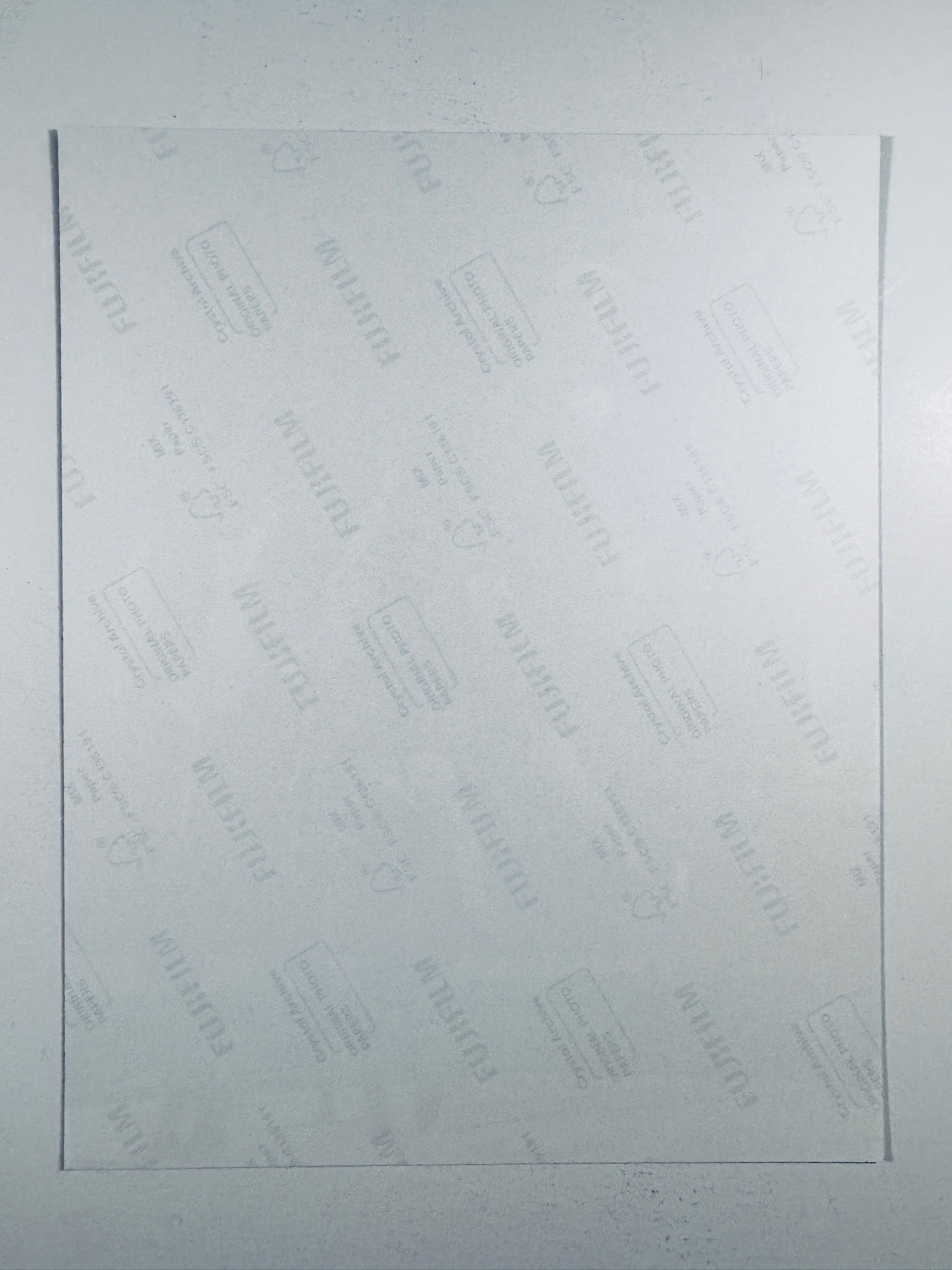 The plain white reverse side representing the back physical condition of the photograph print, showing translucent Fujifilm crystal archive paper watermarks and logos.