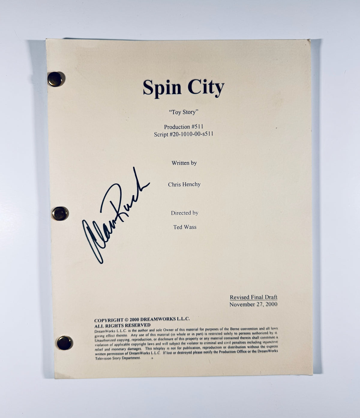 Autographed Spin City TV script cover for episode Toy Story signed by Alan Ruck in black marker.