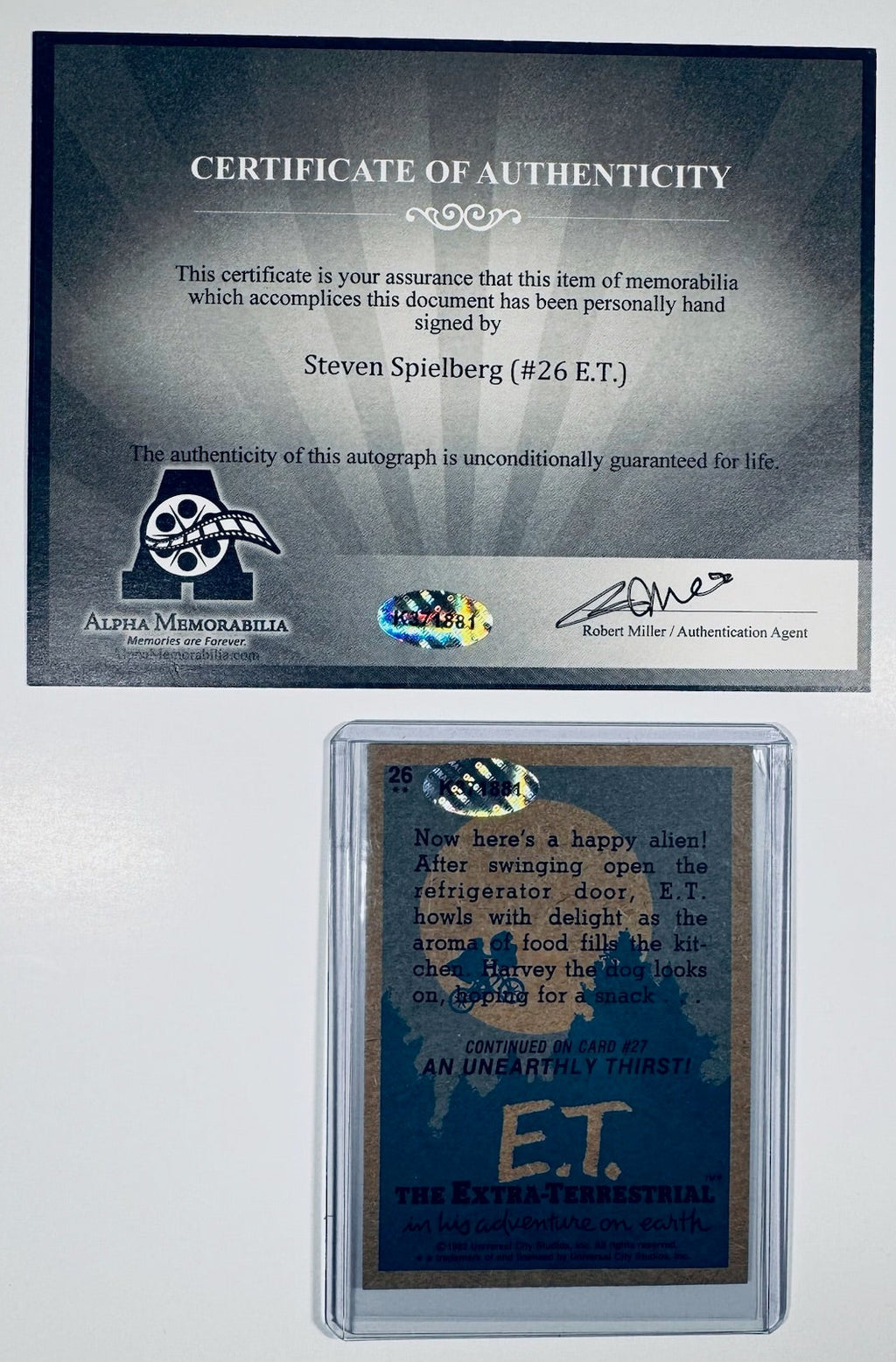 Back of Steven Spielberg signed vintage E.T. trading card with COA