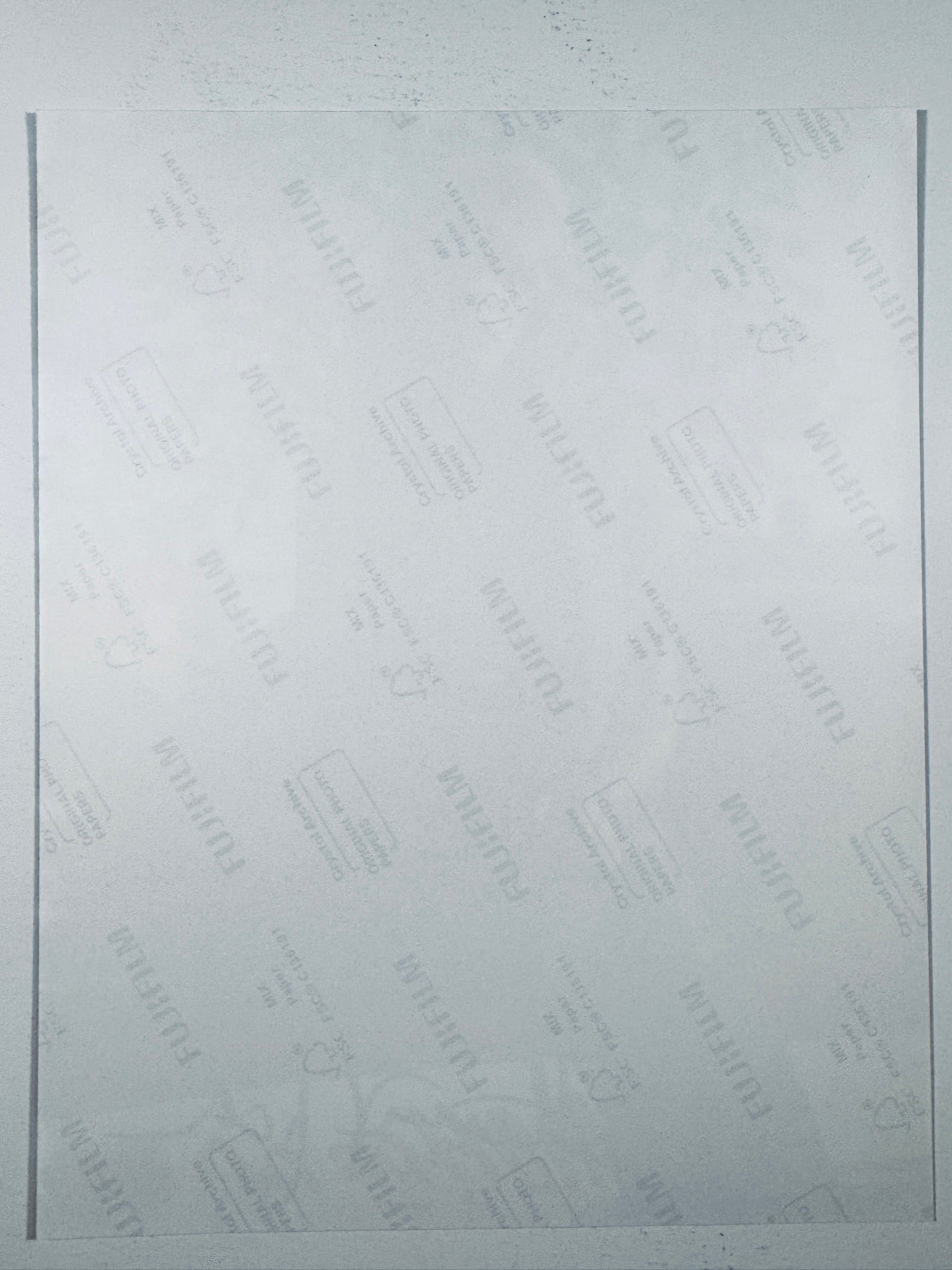 The plain white reverse side representing the back physical condition of the photograph print, showing translucent Fujifilm crystal archive paper watermarks and logos.