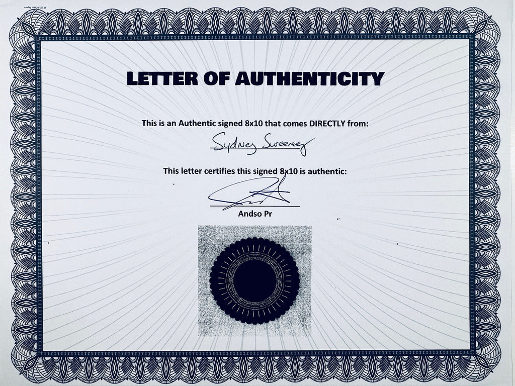 A Letter of Authenticity with a decorative blue-patterned border, certifying an authentic signed 8x10 coming directly from Sydney Sweeney, featuring a dark circular seal graphic at the bottom.