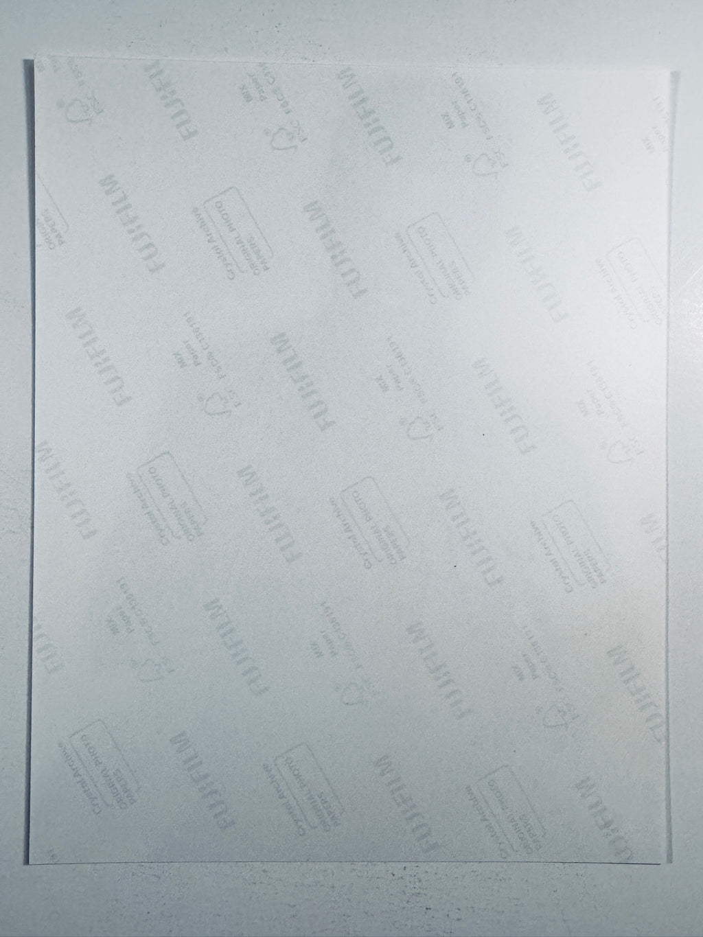 The plain white reverse side representing the back physical condition of the photograph print, showing translucent Fujifilm crystal archive paper watermarks and logos.