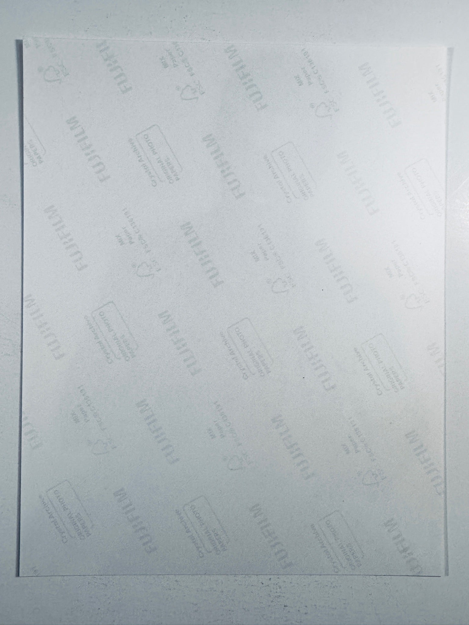 The plain white reverse side representing the back physical condition of the photograph print, showing translucent Fujifilm crystal archive paper watermarks and logos.
