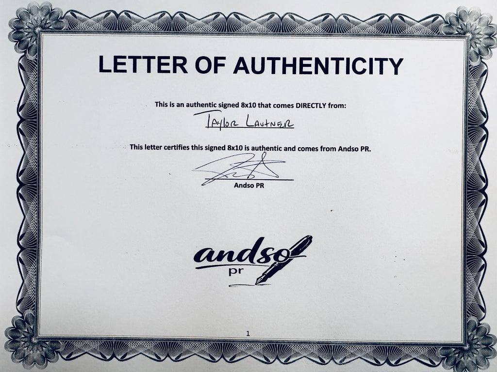A Letter of Authenticity with a decorative blue-patterned border, certifying an authentic signed 8x10 coming directly from Taylor Lautner, featuring a signature at the top.